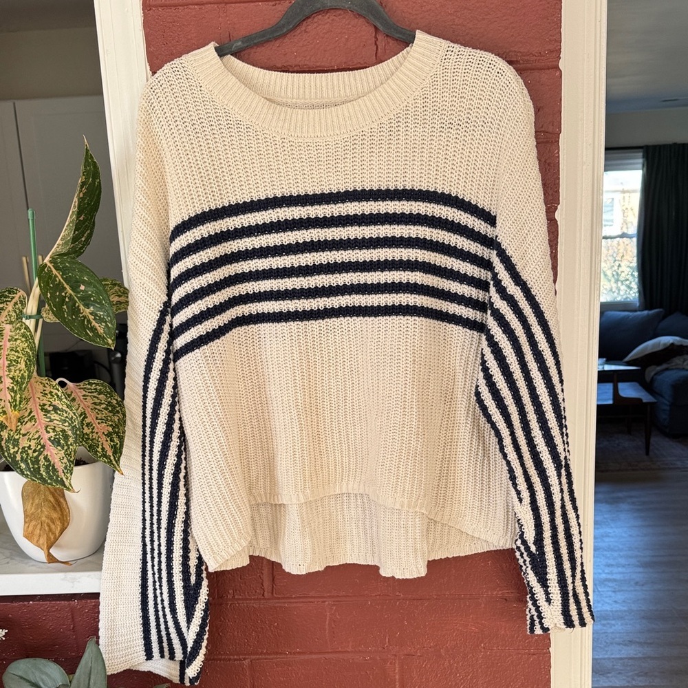 Aerie Cream and Blue Striped Women's Sweater with Bell Sleeves